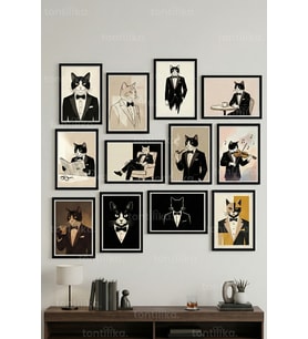12 Parça Maskülen Kedi Figürleri 2 Renk Seçenekli Dekoratif Çerçeve Görünümlü Tablo Seti