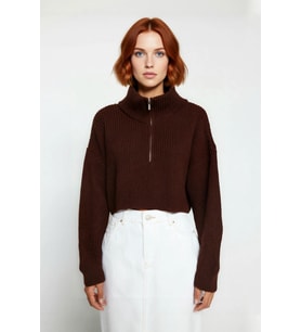Kadın Basic Oversize Düşük Uzun Kollu Crop Fermuarlı Dik Yaka Triko Kazak Kışlık Rahat Stiller