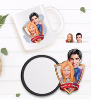 BK Gift Kişiye Özel Sevgililer Karikatürlü Beyaz Kupa ve Ahşap Bardak Altlığı Hediye Seti-89