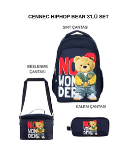 Cennec HipHop Bear Okul Çantası Seti – Sırt Çantası + Termal Beslenme Çantası + Kalem Çantası
