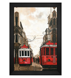İstiklal Caddesi ve Tramvaylar Motifli Kanvas Tablo 80 x 110 cm Siyah Çerçeve
