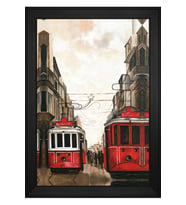 İstiklal Caddesi ve Tramvaylar Motifli Kanvas Tablo 80 x 110 cm Siyah Çerçeve