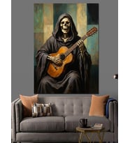 Gitar Çalan Cübbeli İskelet Sanatı Dekoratif Kanvas - Mdf Ahşap Tablo