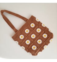 Elchandmade Tığ İşi Örgü Papatya Motifli Bej Craft Çanta Tote Bag