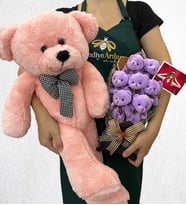 Kişiye Özel Fotoğraflı 7'li Peluş Ayıcık Buketi ve Büyük Boy Pembe Peluş Ayıcık (Model 2)