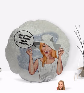 BK Gift Kişiye Özel İsimli Kadın Nihayetinde Karikatürlü Yuvarlak Dekoratif Kırlent Yastık-6