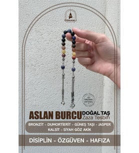 Aslan Burcu Zaza Tesbih Doğal Taş Bronzit, Dumortierit, Güneş Taşı, Jasper, Kalsit, Siyah Göz Akik