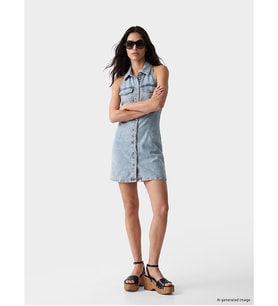 LCW Vision İndigo Gömlek Yaka Mini Jean Elbise