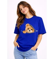 Fermuarlı Ayıcık Baskılı Kadın Tişört Oversize Sevimli Teddy Bear Baskılı Pamuk T-Shirt (Lacivert)