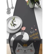 Koyu Gri Kedi Desenli Premium Masa Örtüsü Runner RNR440