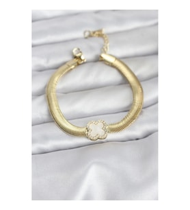 Mey İthalat® 316L Çelik Gold Renk Beyaz Yonca Model Zirkon Taşlı Yılan Zincirli Kadın Bileklik