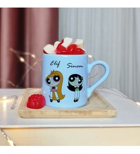Power Puff Girls Tasarımlı Kişiye Özel Mavi Türk Kahvesi Fincan