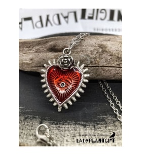 Rose Eye Of Heart Gotik Kalp Kolye Kırmızı (Kırmızı-Beyaz)