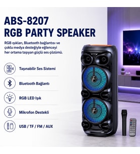 ABS-8207 D28 RGB Işıklı Mikrofonlu Kumandalı USB/tf/BT/fm/aux Bluetooth Hoparlör Siyah