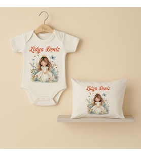 Pia Baby Premium %100 Pamuk İsme Özel Organik Baskılı Çıtçıtlı Bebek Body Ve Yastık Kılıfı 5077-19 (Ekru)