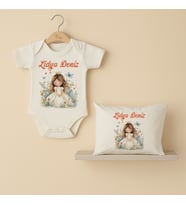 Pia Baby Premium %100 Pamuk İsme Özel Organik Baskılı Çıtçıtlı Bebek Body Ve Yastık Kılıfı 5077-19 (Ekru)