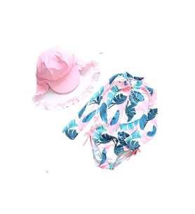 Petityu UPF50+ Kız Çocuk Mayo Beyaz Pembe Yeşil Yaprak Desen Kolay Giyilen Cool Mayo Şapka Set