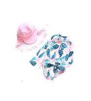 Petityu UPF50+ Kız Çocuk Mayo Beyaz Pembe Yeşil Yaprak Desen Kolay Giyilen Cool Mayo Şapka Set