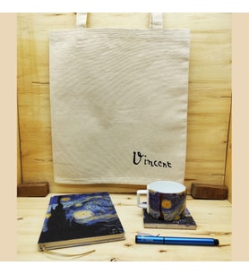 Vincent Van Gogh Set 5 - Çay/Kahve Fincanı-Traverten Bardak Altlığı-Kalem-Defter-Kanvas Çanta 1