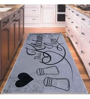 Gri Kitchen Yazılı Yıkanabilir Kaymaz Taban Leke Tutmaz Modern Salon Halısı ve Yolluk (Siyah)