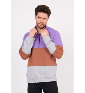 Erkek Mor Renk Bloklu Dik Yaka Yarım Fermuarlı Sweatshirt 21K-5200456-1