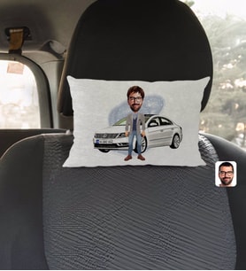 BK Gift Kişiye Özel Plakalı Erkek Volkswagen Passat Karikatürlü Dikdörtgen Araç Koltuk Yastığı-1