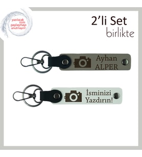 Çerçeveli Duygular, Kamera Temalı 2’li Kişiye Özel Anahtarlık Hediye Seti, Kül Gri-Beyaz