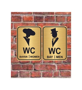 Şapkalı Women Men Bay  WC Yazılı Metal Yönlendirme Levhası 15x10 cm x15x10 cm altın
