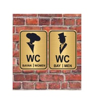 Şapkalı Women Men Bay  WC Yazılı Metal Yönlendirme Levhası 15x10 cm x15x10 cm altın