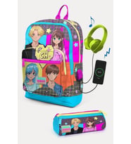 Coral High Kids Gri Mavi Pembe Anime Desenli USB'li 2'li Okul Çanta Seti - Kız Çocuk
