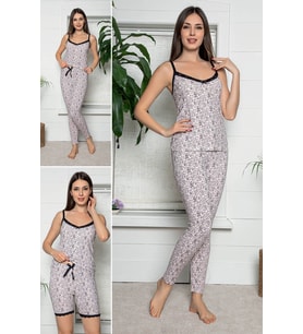 Kadın Ekru Renkli Dantel Detaylı Şortlu Ve Taytlı Pijama Takımı 3'lü Set 75030
