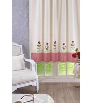 Naturel-Kırmızı Buldan Keteni İşlemeli Perde (Natural)