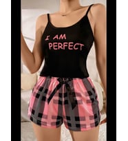 Fantezia Night Kadın Siyah Kare Desenli Askılı Şortlu Pijama Takım 5012