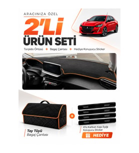 e-biz PEUGEOT 208 (2020-2024) Uyumlu Torpido Örtüsü + Tay Tüyü Çanta - Siyah-Kahverengi - PE006
