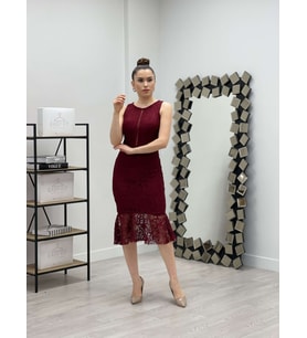 Dantel Kumaş Beli Motifli Elbise - BORDO