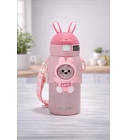 500 ml Sevimli Tavşan Tasarımlı Çocuk Termos Matara Pipetli Taşıma Askılı Okul Su Şişesi (Pudra Pembe)