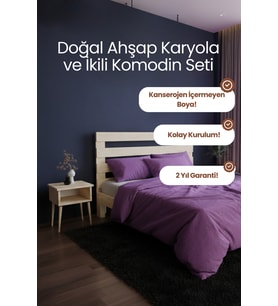 Urban New Model Masif Ahşap Karyola ve 2 Adet Komodin Kolay Kurulum Fırınlanmış İthal Sibirya Çamı 150x200 Yatak Uyumlu 2 Adet Komodin