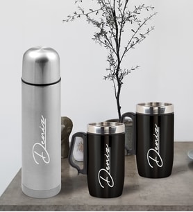 BK Gift Kişiye Özel 500 ml Deri Çantalı Krom Seyahat Termosu ve İkili Termos Mug Hediye Seti - 2