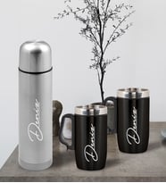 BK Gift Kişiye Özel 500 ml Deri Çantalı Krom Seyahat Termosu ve İkili Termos Mug Hediye Seti - 2