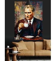 Fincan Tutan Atatürk Portresi Dekoratif Kanvas - Mdf Ahşap Tablo