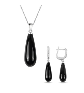 925 Ayar Gümüş Uzun Damla Model Kolye Küpe Oniks Taşlı Set