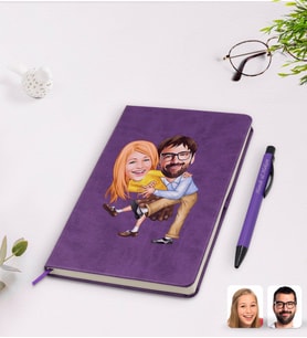 BK Gift Kişiye Özel Sevgililer Karikatürlü Mor Termo Deri Defter Kalem Seti Model 102
