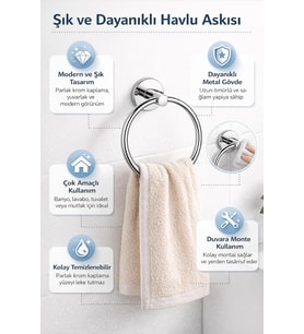 Yuvarlak Havlu Halkası Krom Kaplama, Duvara Monte Yuvarlak Banyo Havluluk, Dayanıklı Metal El Havlusu Askısı, Modern Parlak Krom Tasarım, Paslanmaya Dayanıklı Banyo Aksesuarı