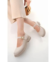 Mary Jane Mokosen Loafer Babet Günlük Rahat Hafif Trend Kemerli Babet Ayakkabı (Bej)