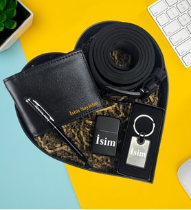 Kişiye Özel Premium Kalp Kutu Aksesuar Cüzdan Kemer Metal Lüx Anahtarlık Metal Çakmak Touch Pen Metal Kalem Set