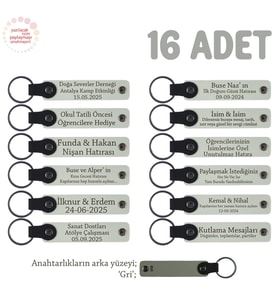 Okul Törenleri İçin Öğretmen İsmi Yazılı 16'lı Set, Hediyelik Hatıra Anı Anahtarlığı, Beyaz & Gri