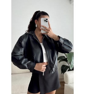 Prifaldi Premium Pb Oversize Bomber Belden Lastikli Deri Ceket Siyah