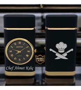 İsme Özel Aşçı Chef Logolu Saatli Çakmak Rüzgarda Sönmeyen Turbo Jet Özellikli - Kutulu Ve Hediye Paketinde