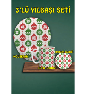 Yılbaşı Temalı 3'lü Bilek Destekli Mousepad Kupa Ve Bardak Altlığı Seti