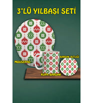 Yılbaşı Temalı 3'lü Bilek Destekli Mousepad Kupa Ve Bardak Altlığı Seti